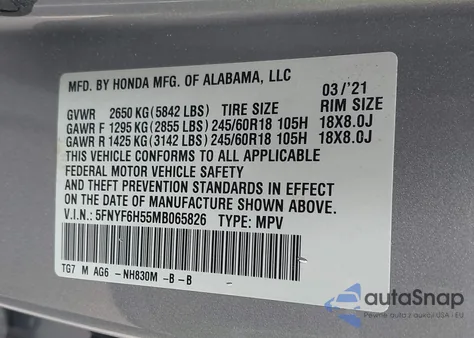 2021 Honda Pilot Awd Ex-L z USA, uszkodzony, nr VIN 5FNYF6H55MB065826